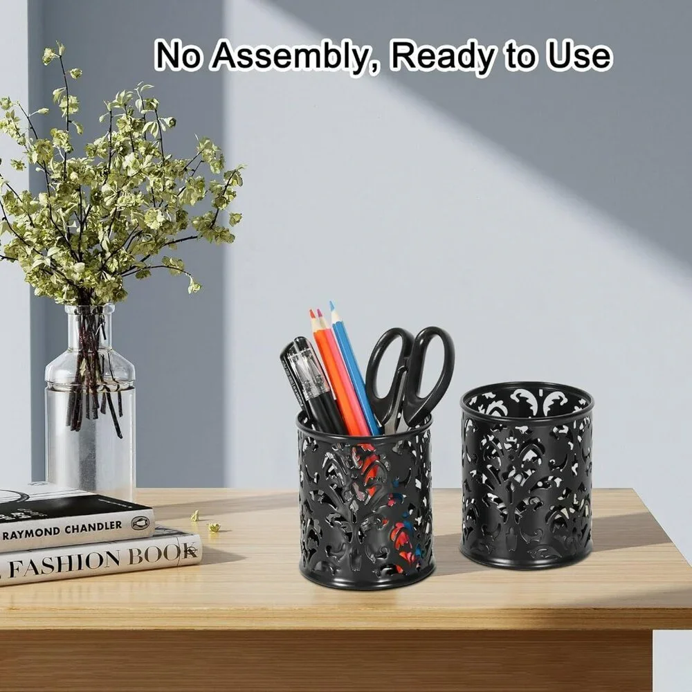 Metal Round Pencil Holder 2 Pack Black Pen Cup Holders Organizer for Desk - Picture 5 of 9
